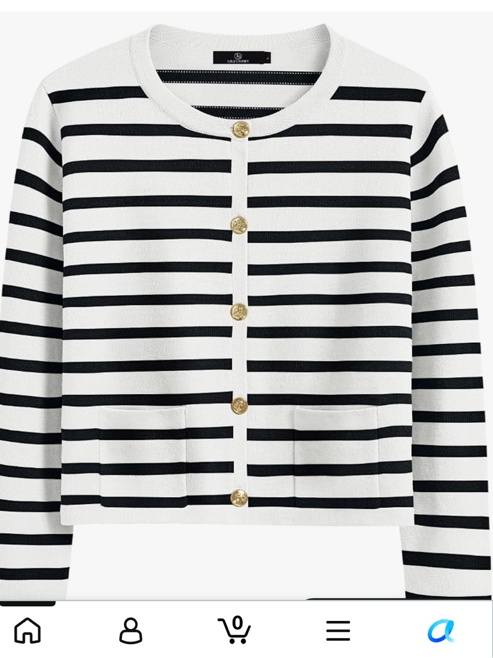 Striped Crewneck Button-Front Cardigan in Black & White